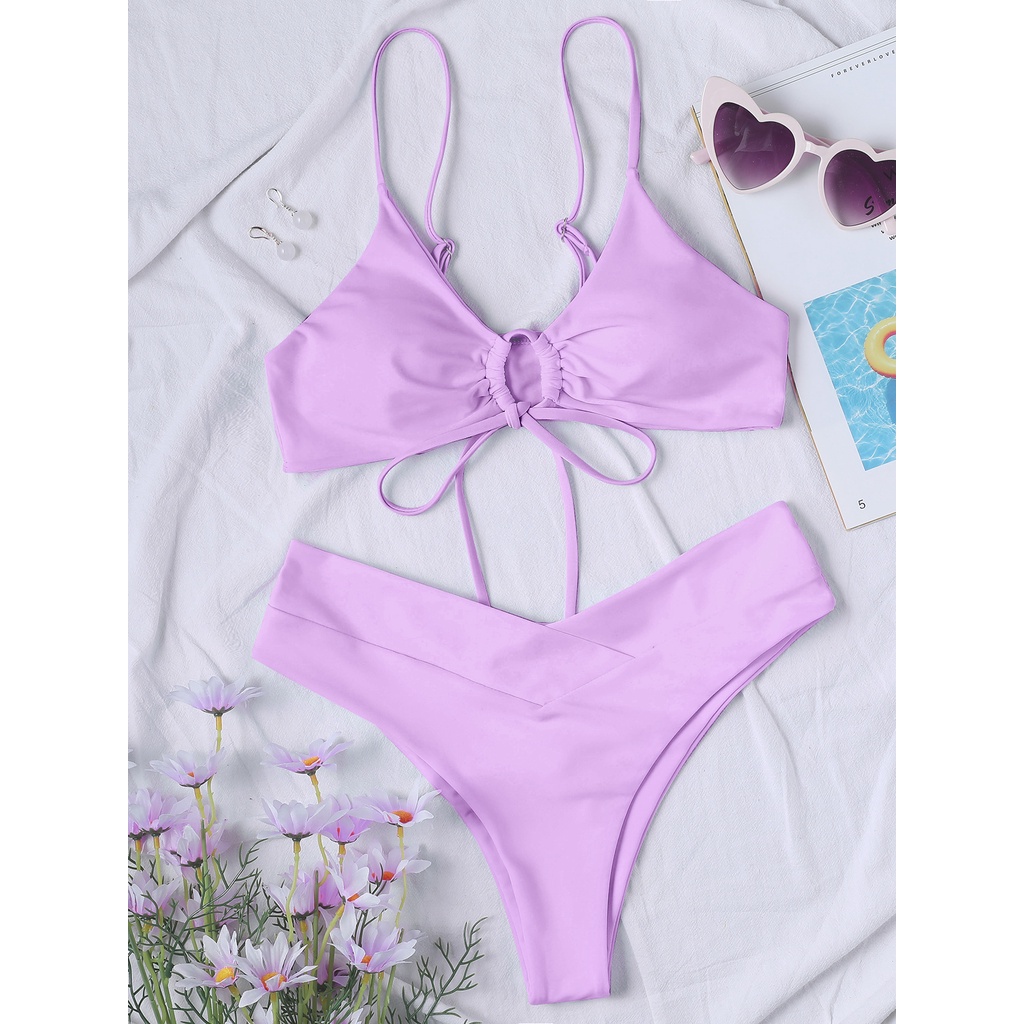 Bộ bikini màu trơn cột dây lưng cao gợi cảm xẻ tà dành cho nữ đi biển