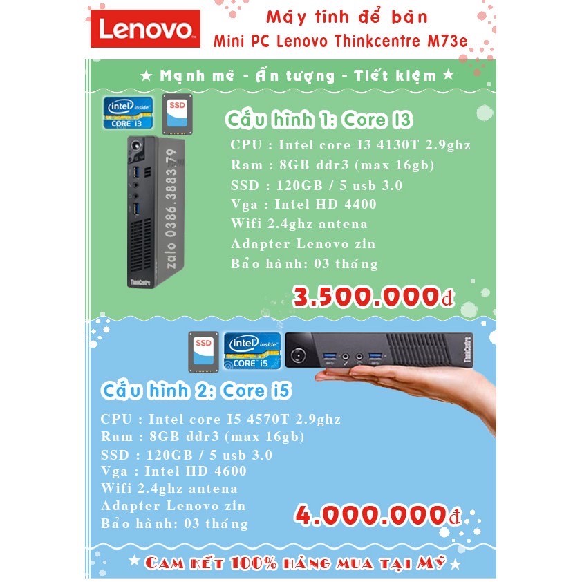 Máy tính bàn Mini Lenovo Thinkcentre M73e Core i3 4130T, Ram 8Gb, SSD 120Gb hàng US renewed mới đẹp.