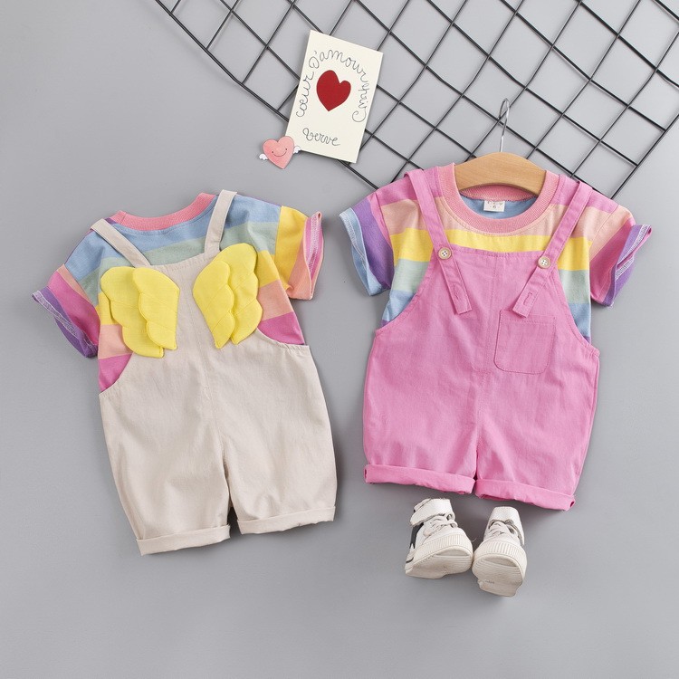 Set Đồ Mùa Hè 2 Món Gồm Áo Thun Cotton Màu Cầu Vồng Và Quần Yếm Thời Trang Cho Bé Gái