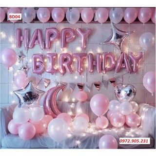 [THANH LÝ NGHỈ BÁN] Set Bóng Trang Trí Sinh Nhật Happy Birthday Công Chúa Màu Hồng Kèm Đèn Led