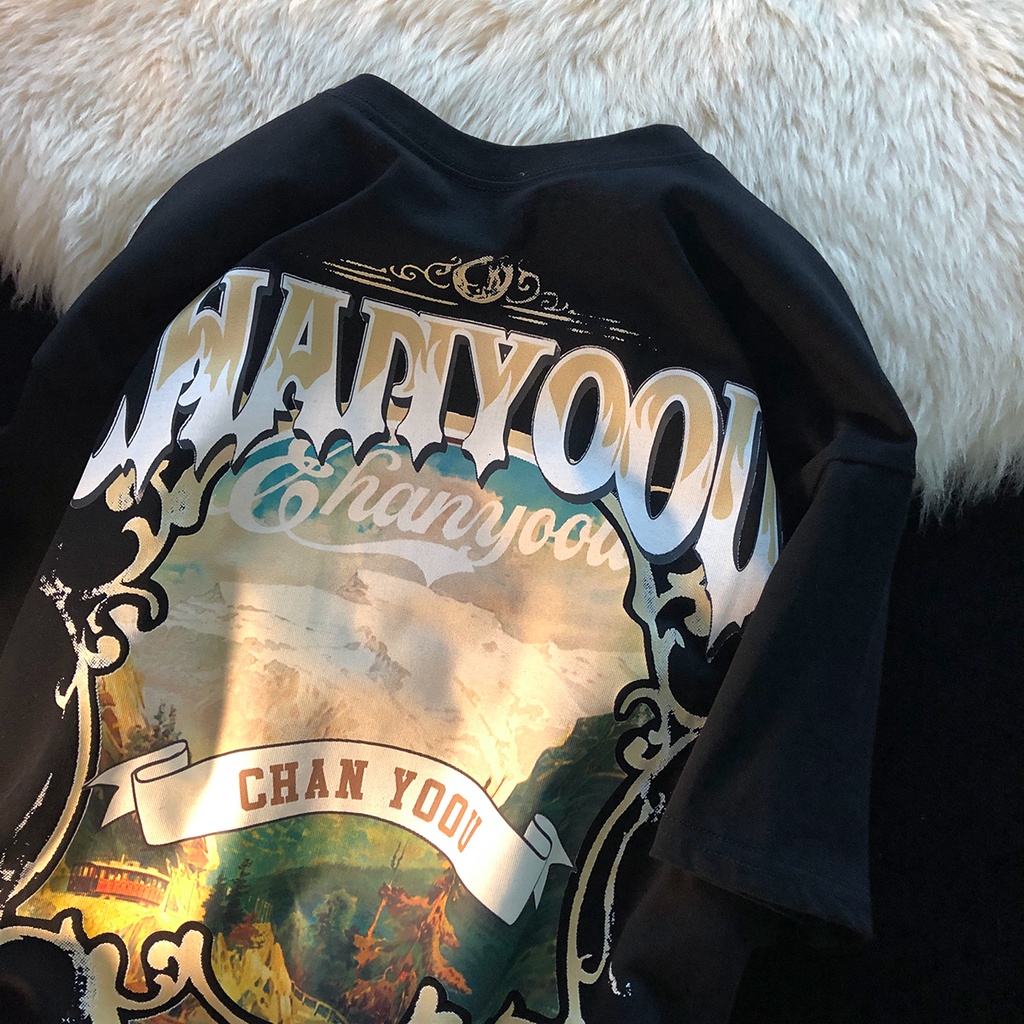 Áo Thun Ngắn Tay Cổ Tròn In Hình Phong Cảnh Thời Trang Nữ