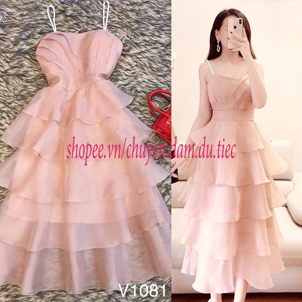 Đầm dự tiệc V1081 Váy hai dây ngọc 5 tầng  Màu be size S, M, L
