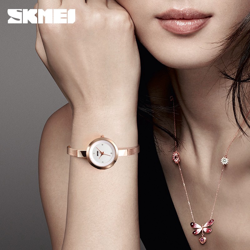 Đồng Hồ Quartz Đính Đá Với Dây Đeo Lưới Thép Không Gỉ Mạ Vàng SKMEI 1390