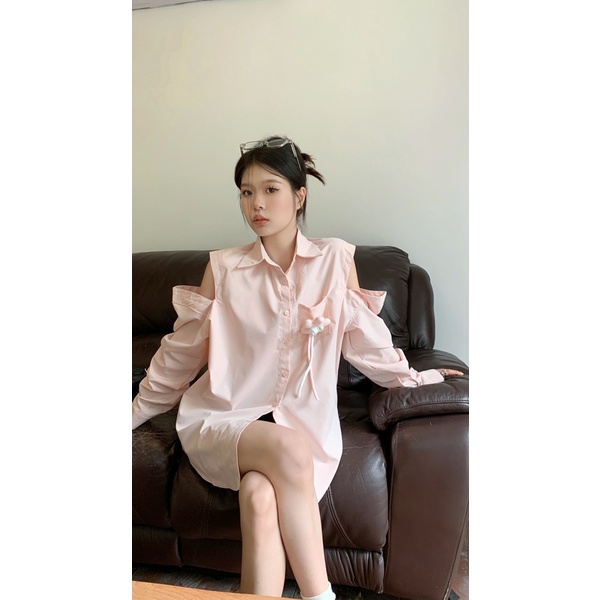 Áo Sơ Mi Tay Dài Cổ Đứng Hở Vai Màu Hồng Phong Cách Vintage Dành Cho Nữ
