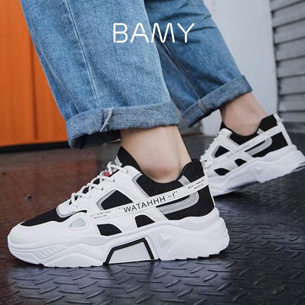 Giày Thể Thao PHẢN QUANG Sneaker Nam Đen Trắng💥 Giày buộc dây Watahhh Tăng Chiều Cao 5cm Full Box