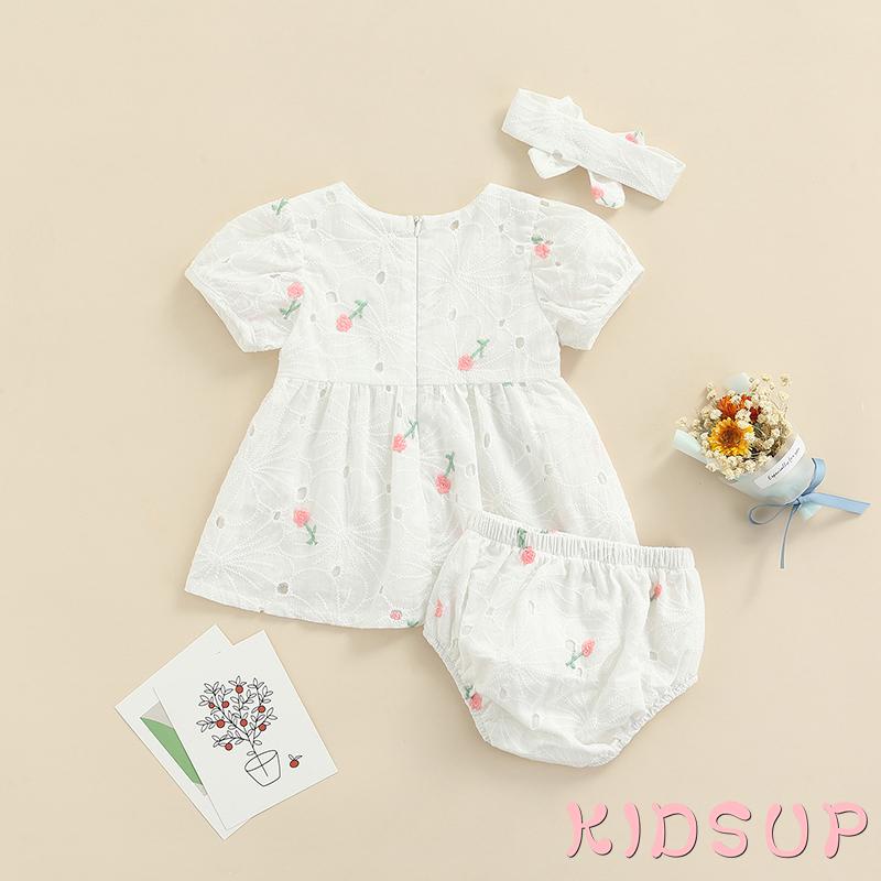Set đầm hoa ngắn tay + quần lót + băng đô nơ xinh xắn cho bé gái