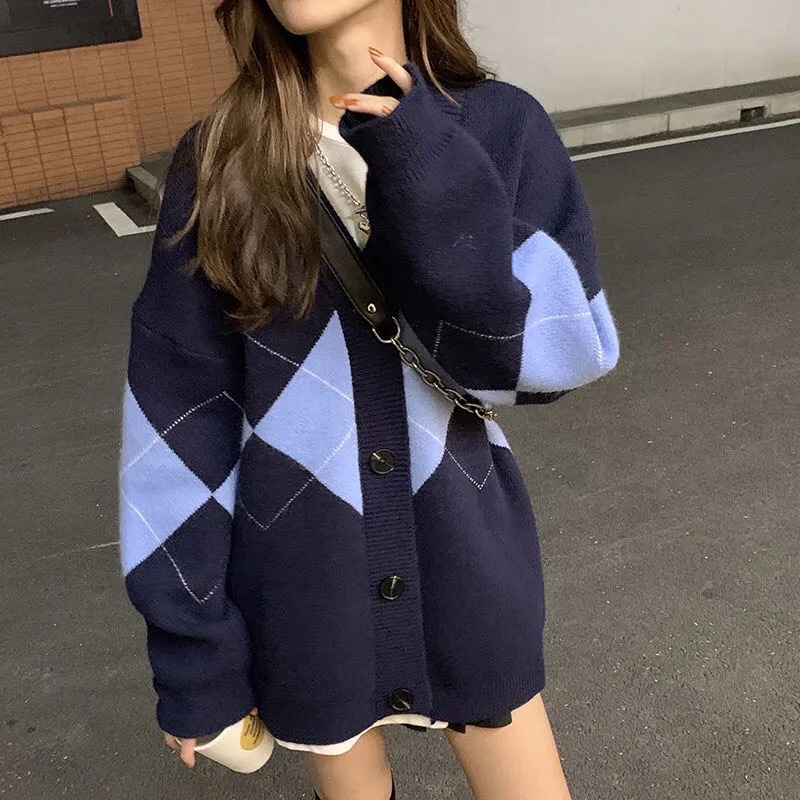 Khoác Len Cardigan | Áo Cardigan cổ V kẻ caro xanh đậm chất vải mềm cho nàng phong cách Hàn Quốc