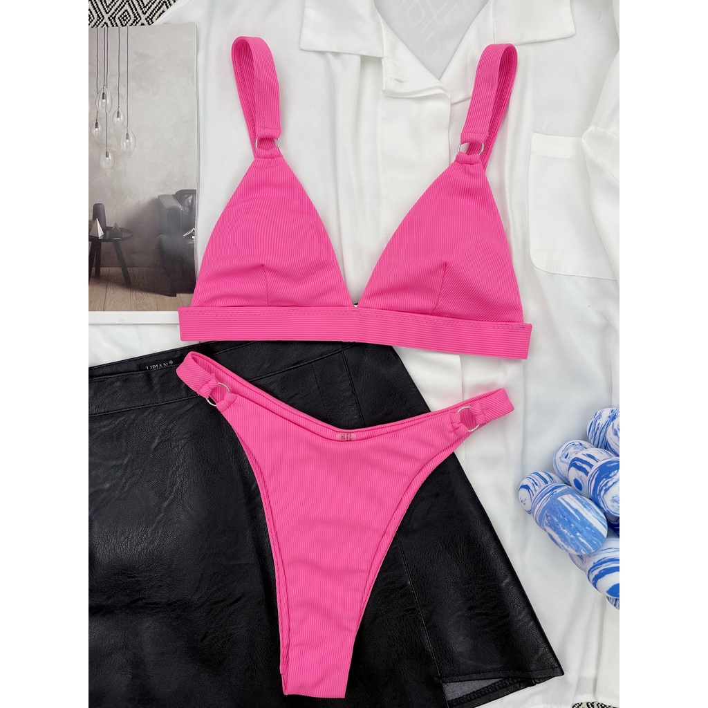 Bộ Bikini Màu Trơn Có Đệm Ngực Kim Loại Màu Sắc Đơn Giản Cho Nữ LG62