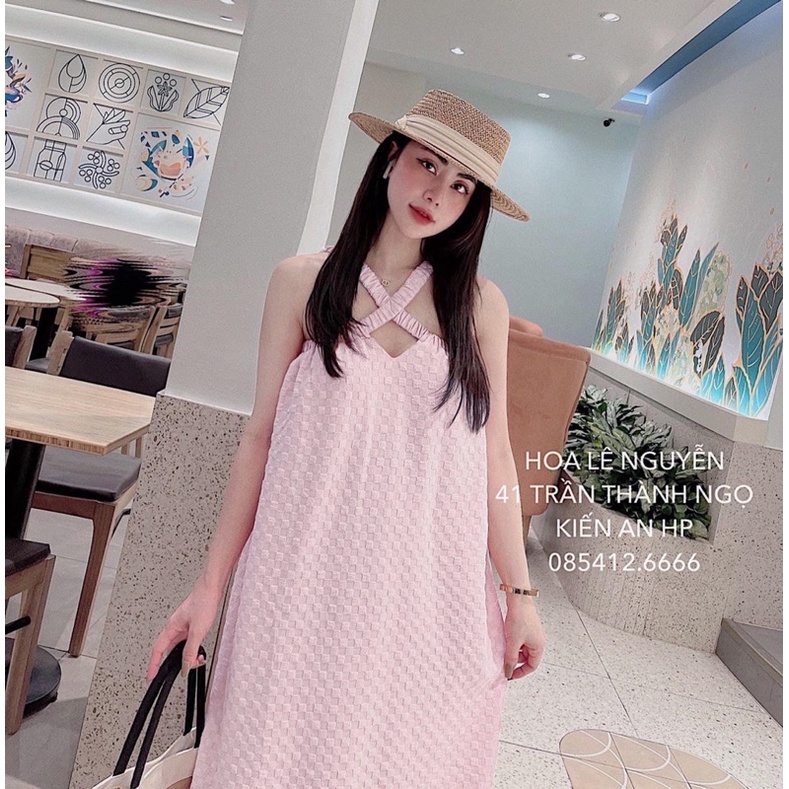 Váy maxi cổ yếm dây chéo Đầm đũi xốp ô vuông hở vai Đầm bầu mặc được