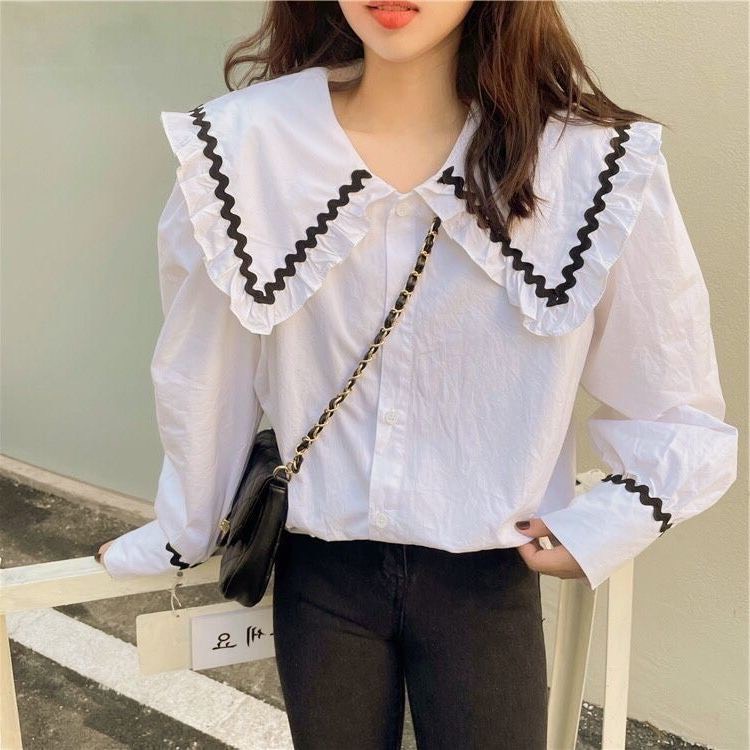 Áo sơ mi trắng cổ bèo viền ren- sơ mi dài tay trơn from rộng oversize tay bồng chất thô mềm phong cách ulzzang hàn quốc