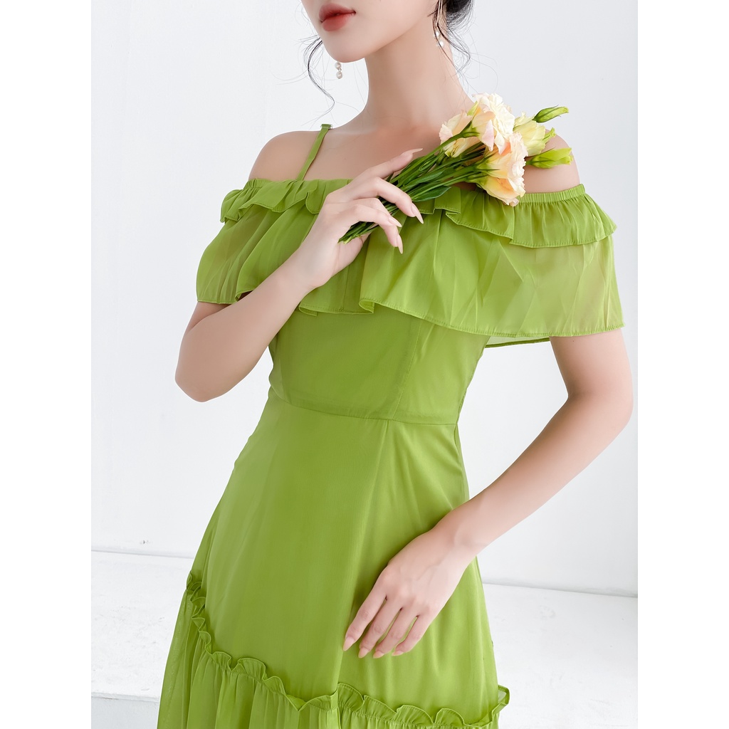 Váy trễ vai dáng dài màu xanh chất tơ óng cao cấp YAME