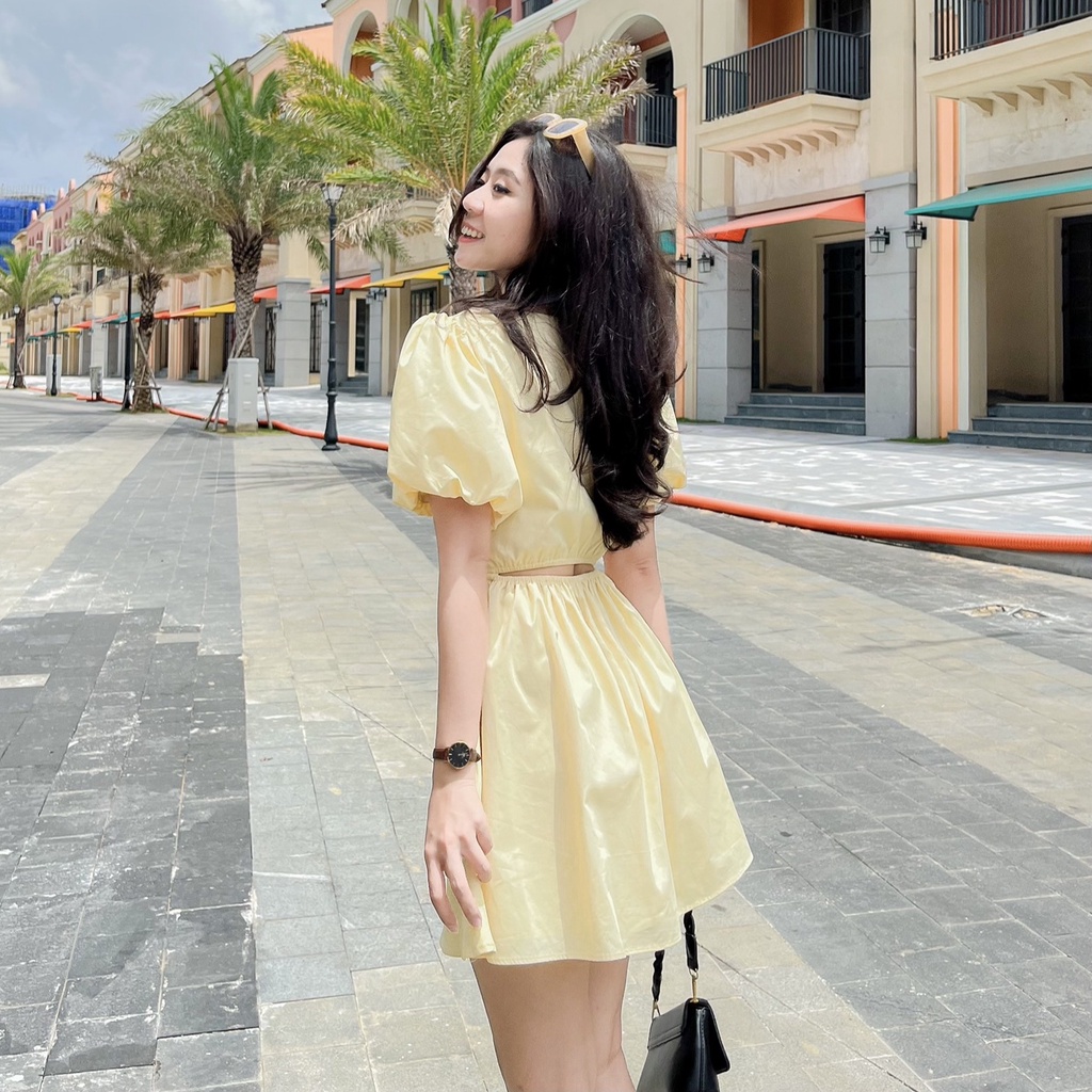 Đầm MERIKA - Đầm cổ vuông tay bồng cut out eo