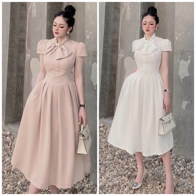 Đầm váy freesize nơ cổ form dài 2 màu
