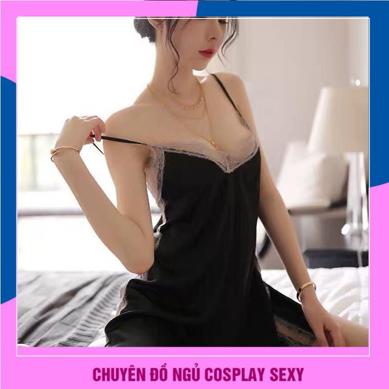 Set đầm ngủ hai dây ren ngực lụa satin xẻ tà gợi cảm - Tặng kèm quần lót lọt khe siêu nóng bỏng