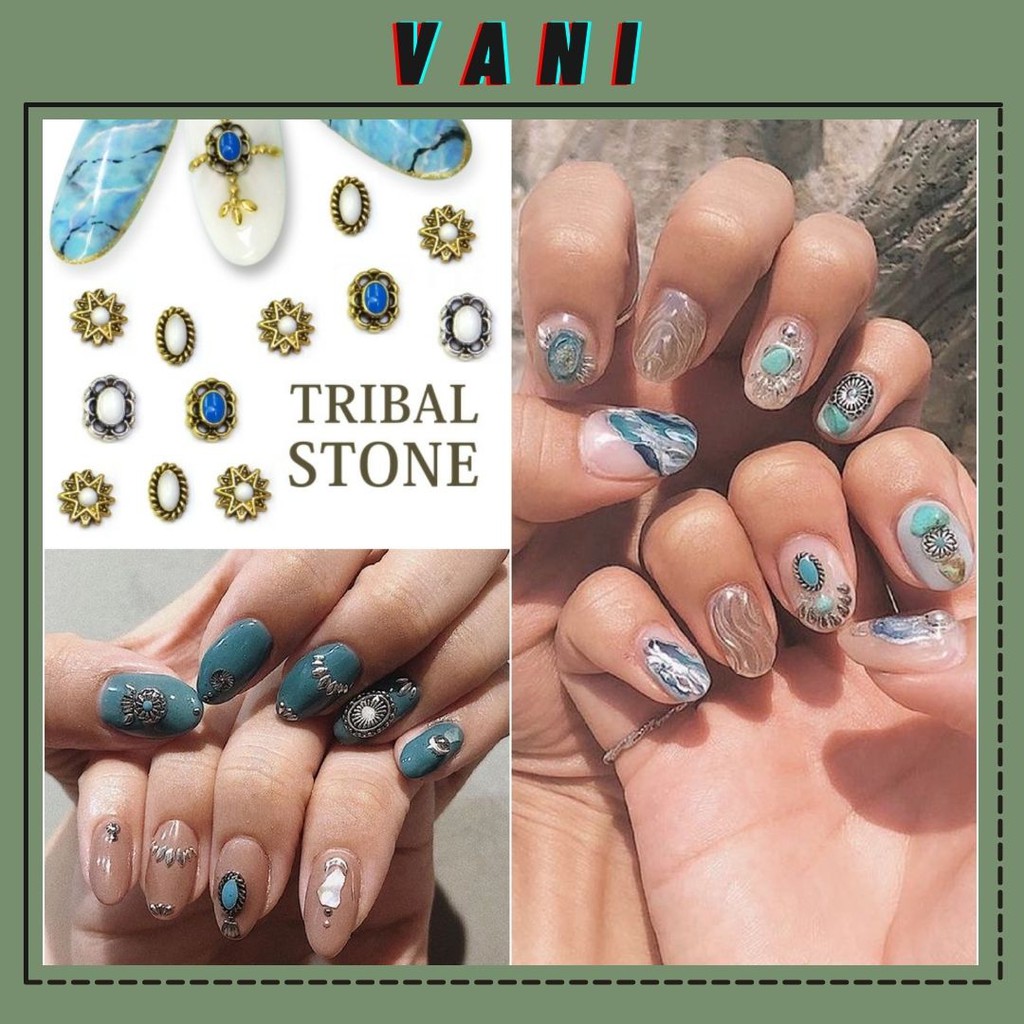 Set 5 Charm Đá Có Màu, Viền Kim Loại Phong Cách Bohemian, Phụ Kiện Nail - Vani Store