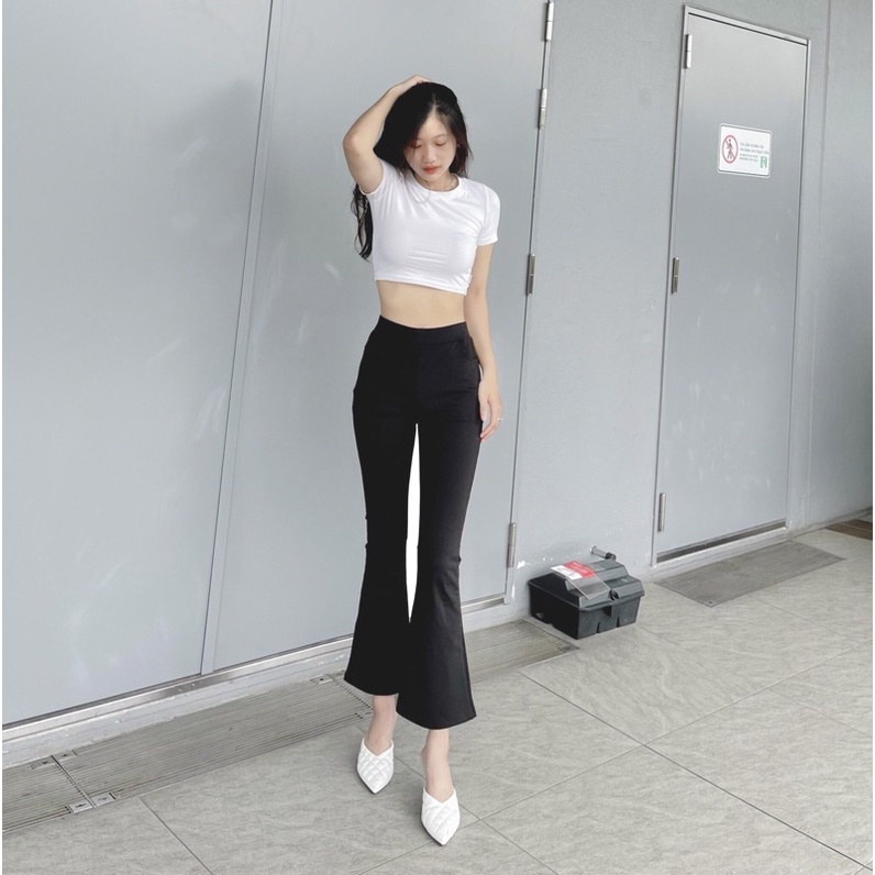 Quần ống loe nữ 9 tấc cạp cao có túi chất vải Umi Hàn co giãn quần legging ống loe nữ lưng cao cạp thun tôn dáng