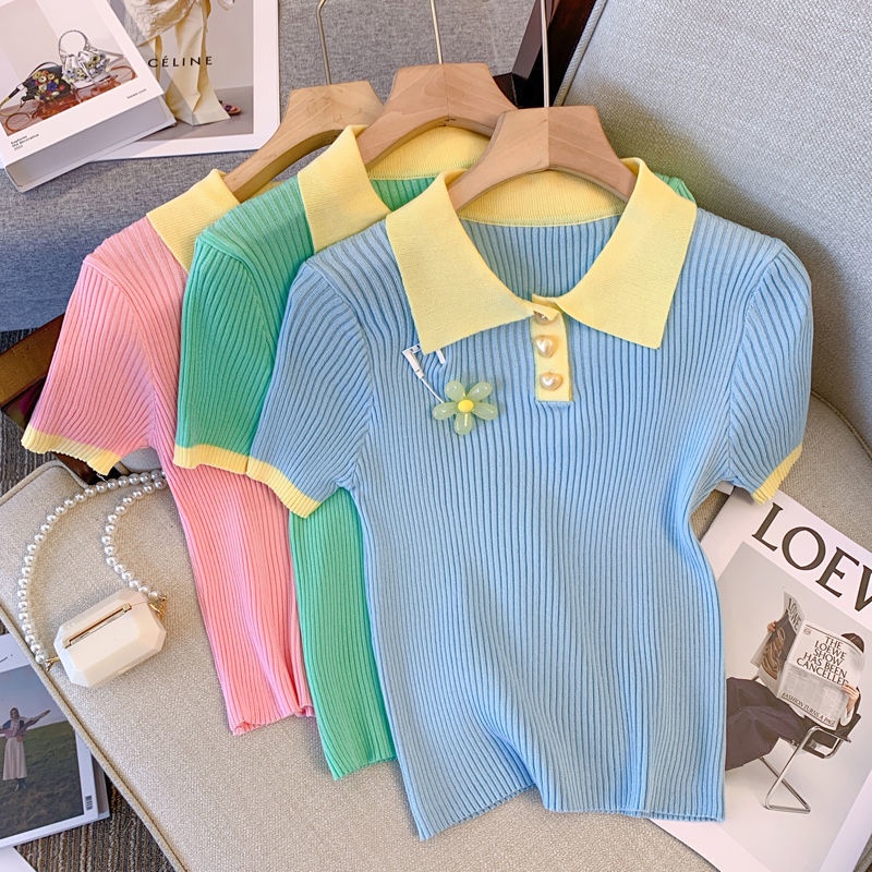 Áo polo Dệt Kim Tay Ngắn Màu Xanh Lá Thời Trang Mùa Hè Cho Nữ