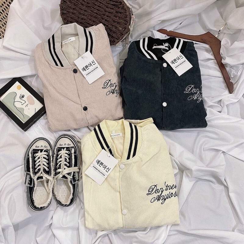 Áo khoác bomber bóng chày kaki nhung gân 2 lớp thêu unisex ulzzang nam nữ