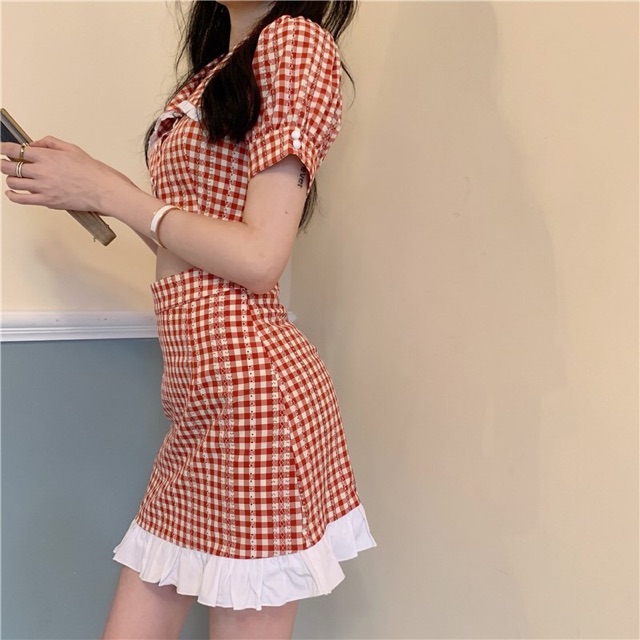 Váy sọc caro đỏ tiểu thư / Set đầm đỏ ulzzang