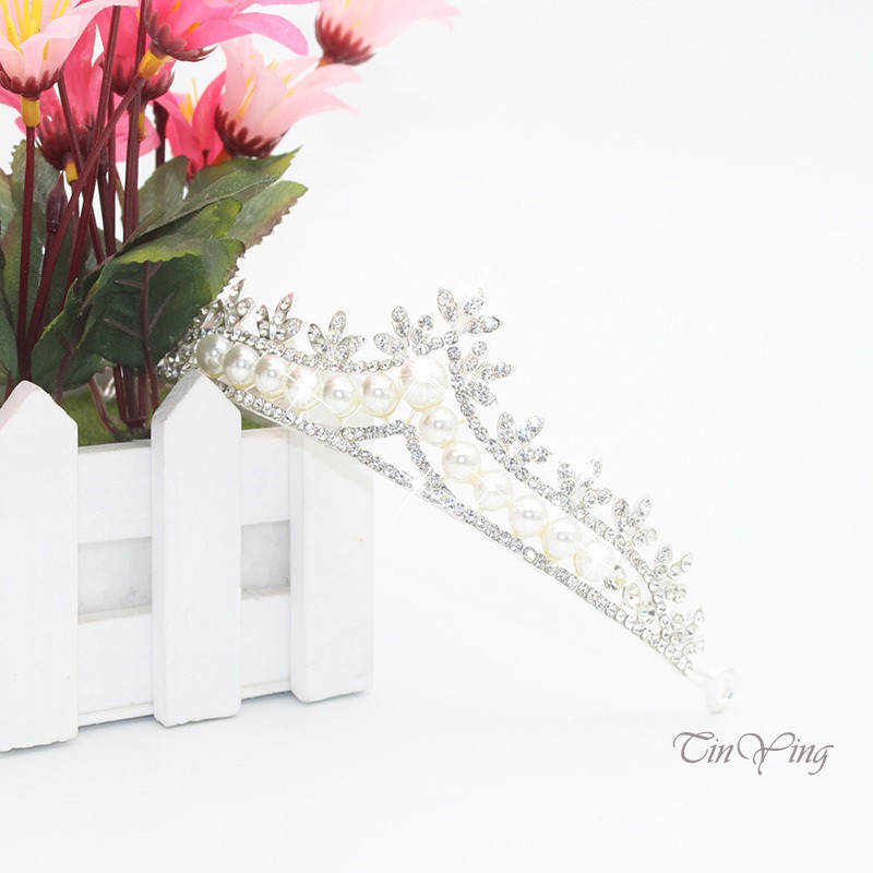 GETNOIVAS Vương miện đính đá pha lê và ngọc trai nhân tạo sang trọng thời trang dành cho cô dâu