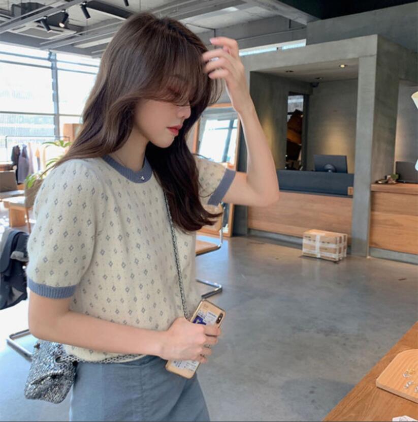 Áo croptop dệt kim SUXI tay ngắn cổ tròn phong cách mùa hè thời trang cho nữ