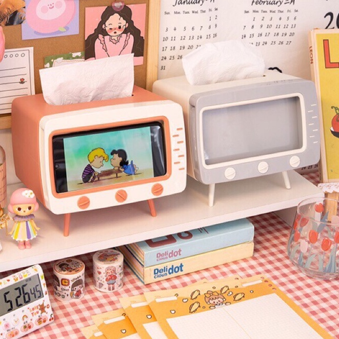 Hộp đựng giấy ăn đa năng hình tivi sang trọng phong cách Art Deco cao cấp, Hộp đựng khăn giấy tivi kệ để điện thoại 2in1