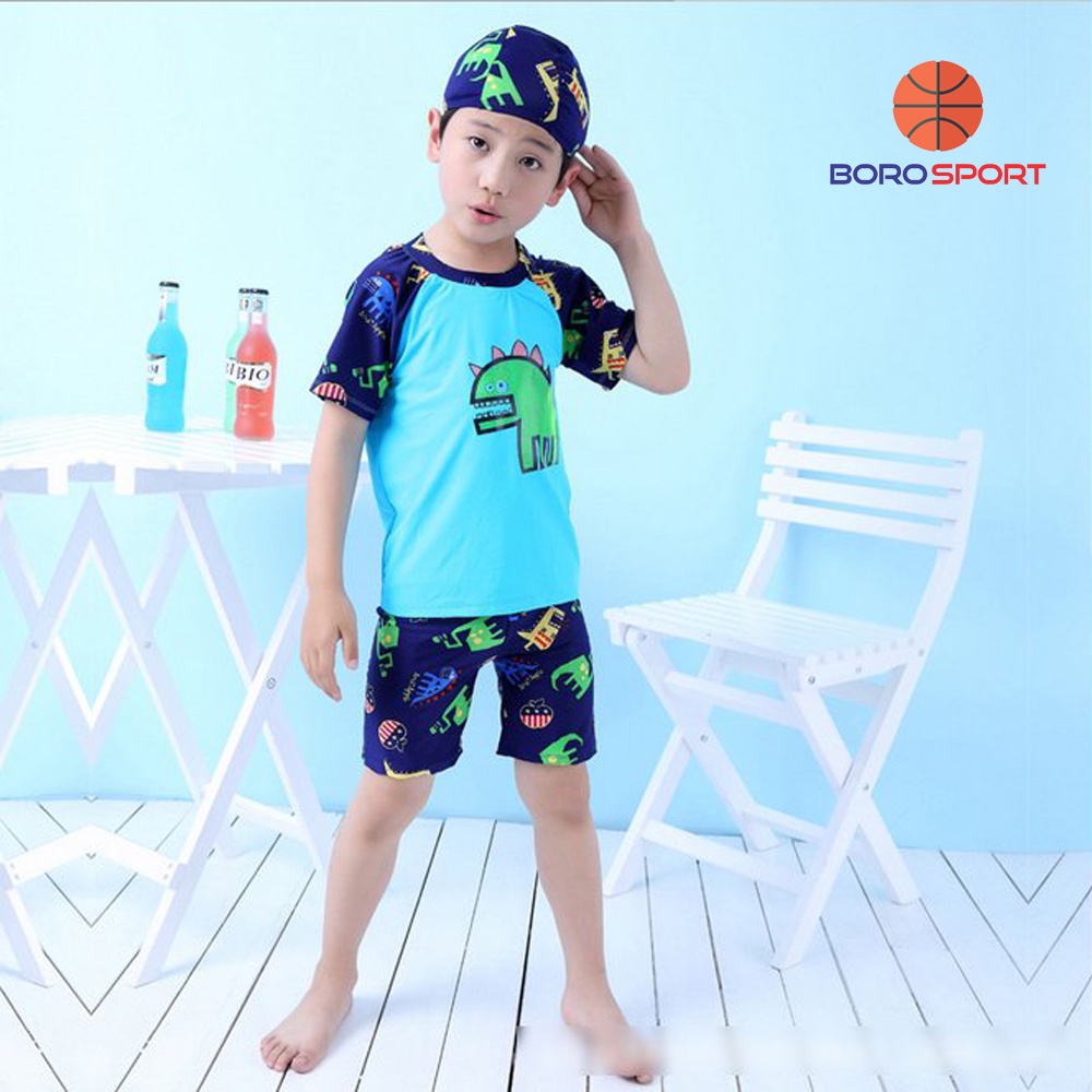 Bộ đồ bơi khủng long xanh dành cho bé trai CLEACCO cao từ 85cm đến 125cm tặng kèm nón bơi vải cùng màu BORO SPORT