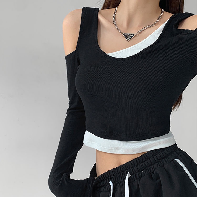 Áo Kiểu Tay Dài Hở Vai Giả Hai Lớp Màu Sắc Tương Phản Thời Trang Dành Cho Nữ