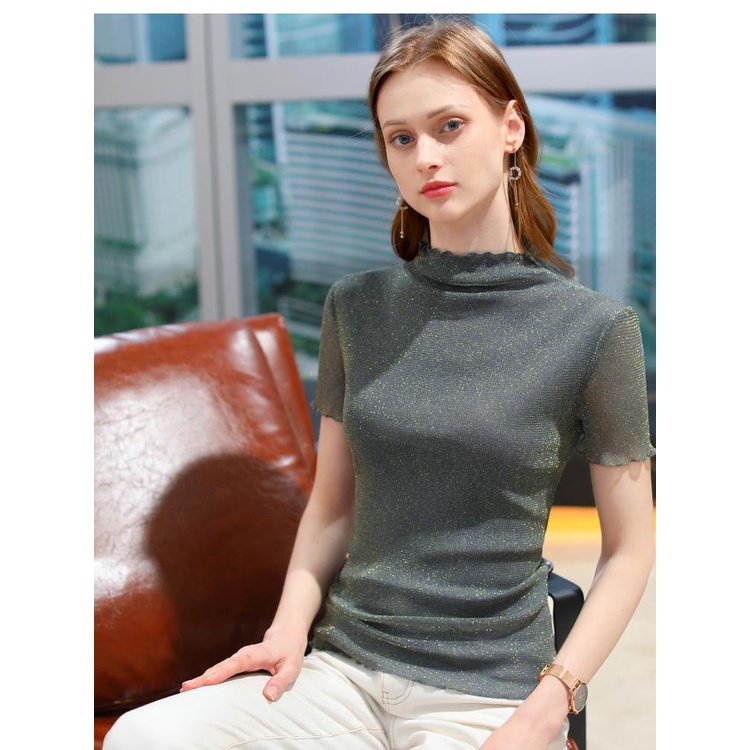 Áo Thun Tay Ngắn Cổ Lọ Phối Lưới Màu Hồng Thời Trang Cho Nữ