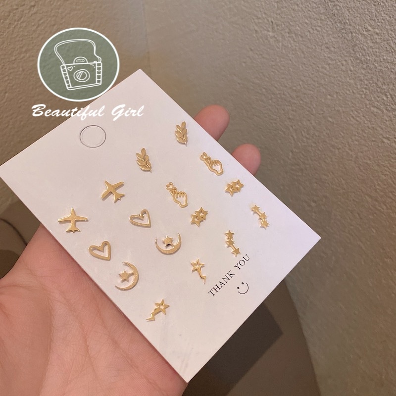1 Đôi Bông Tai Kim Loại Mạ Vàng Hình Trăng / Máy Bay / Ngôi Sao / Trái Tim Thời Trang Cho Nữ