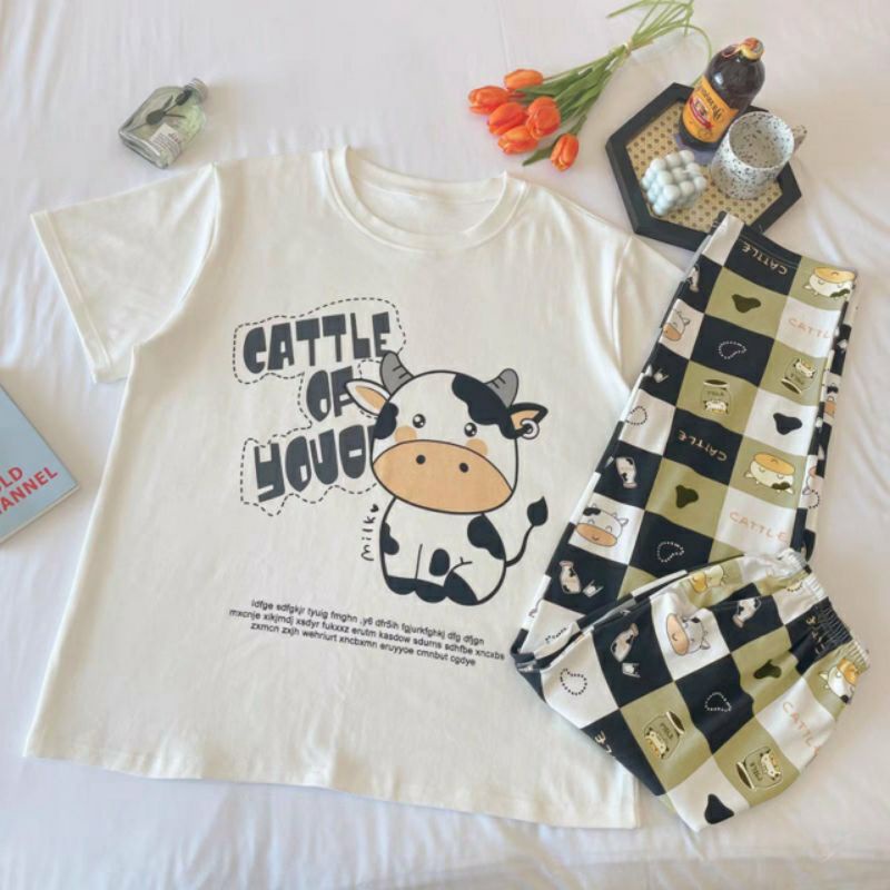[ SẴN]Đồ bộ thun quần dài, đồ mặc ở nhà Quảng Châu, họa tiết hoạt hình bò sữa dễ thương