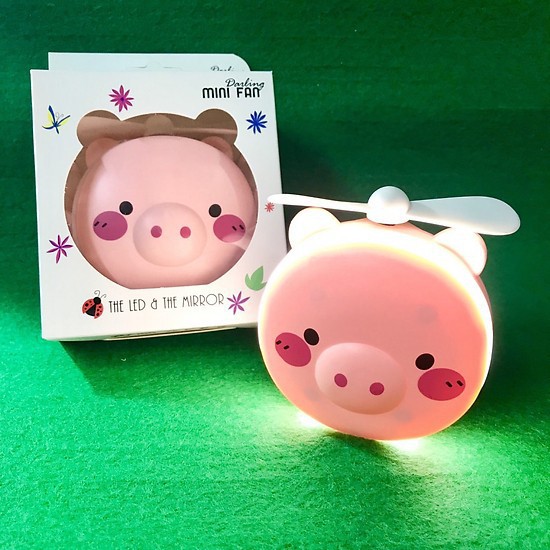 [Combo 3 trong 1] Quạt đèn led hình lợn hồng siêu dễ thương- Trọn bộ bao gồm 1 quạt/ gương/ đèn tích điện