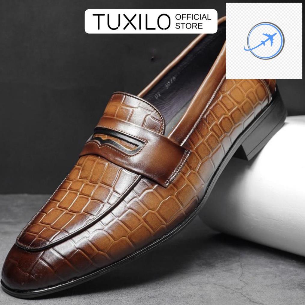 👪 Giày da nam da thật dập vân cá sấu kiểu dáng công sở cao cấp, giày lười da bò cao cấp TUXILO TX96 👪