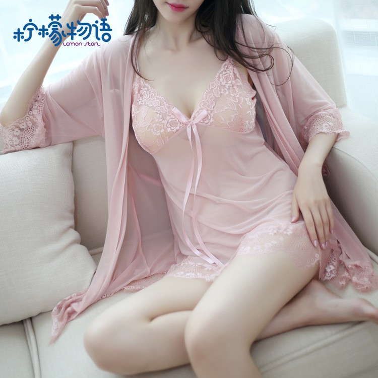 Váy Ngủ Sexy Ren - Đầm Ngủ Sexy Ren Voan Mỏng Có Kèm Áo Choàng Thắt Dây-Không Có Mut Ngực Kèm Quần Lọt Khe VAYAOCHOANG T