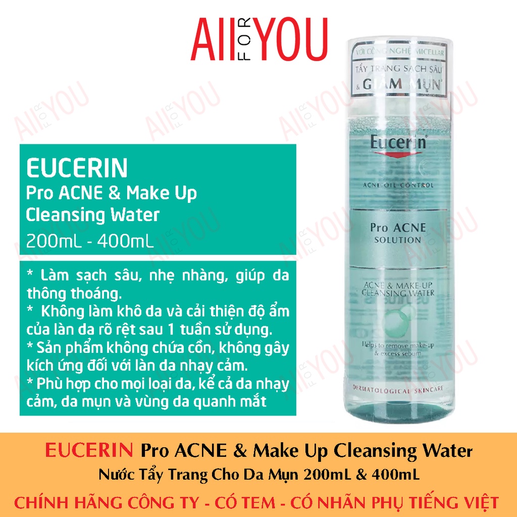 [CHÍNH HÃNG CÓ TEM] EUCERIN Pro Acne &amp; Make Up Cleansing Water 200mL &amp; 400mL - Nước Tẩy Trang Dành Cho Da Mụn