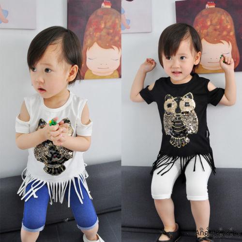 Áo thun hở vai kiểu tua rua trang trí hình chim cú dễ thương cho bé gái