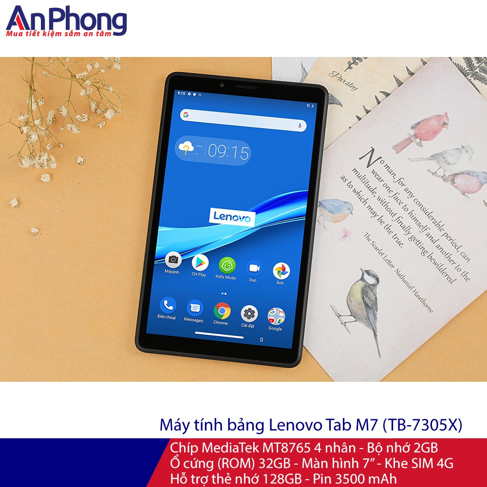 Máy tính bảng Lenovo Tab M7, Chíp MediaTek MT8765 4 nhân, Bộ nhớ 2G, Ổ cứng 32GB, Màn hình 7”, Khe SIM 4G