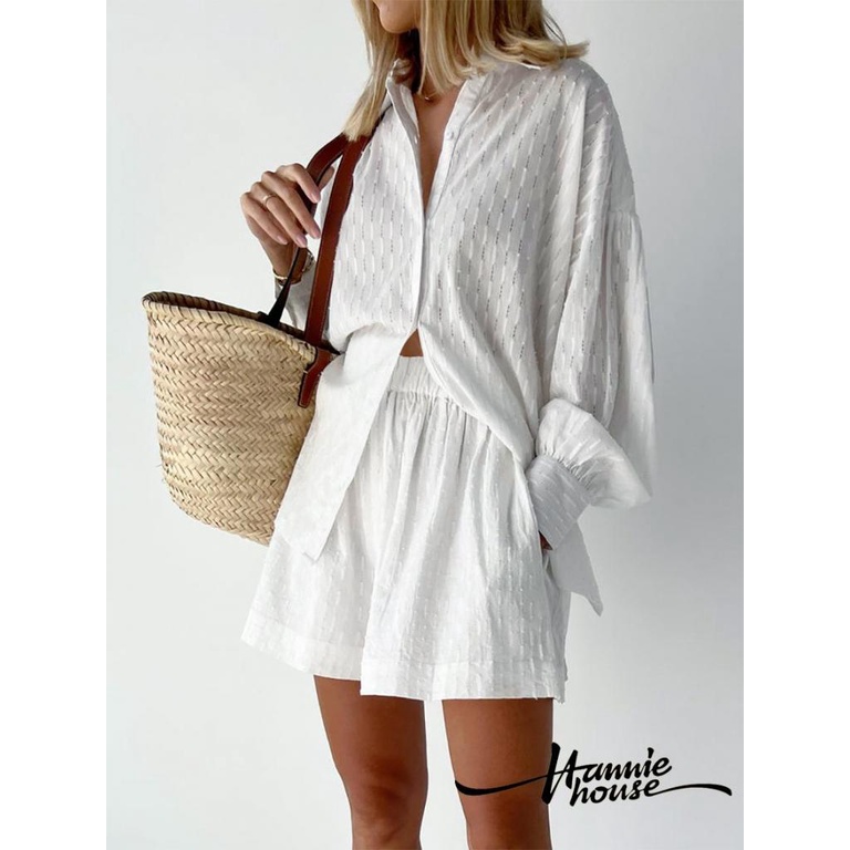 Set Đồ Mùa Hè 2 Món Gồm Áo Sơ Mi Cotton Tay Phồng Cài Nút + Quần Ngắn Ống Rộng Cho Nữ