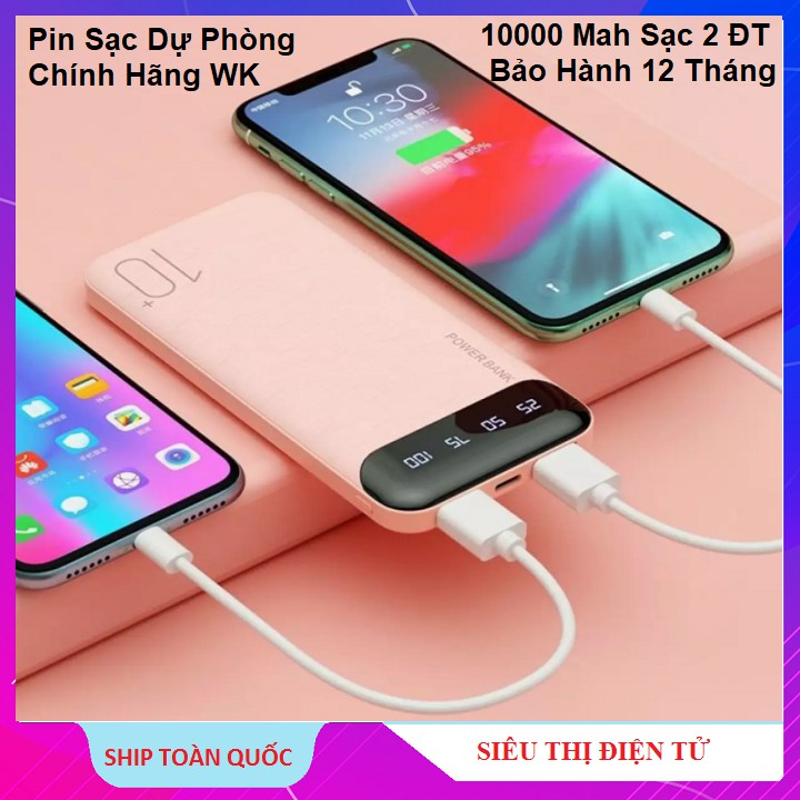 Pin Sạc Dự Phòng Chính Hãng, WK - WP 161 - 10000Mah - Có Màn Led Báo Pin - Hỗ Trợ Sạc Nhanh - BảoHành 12T