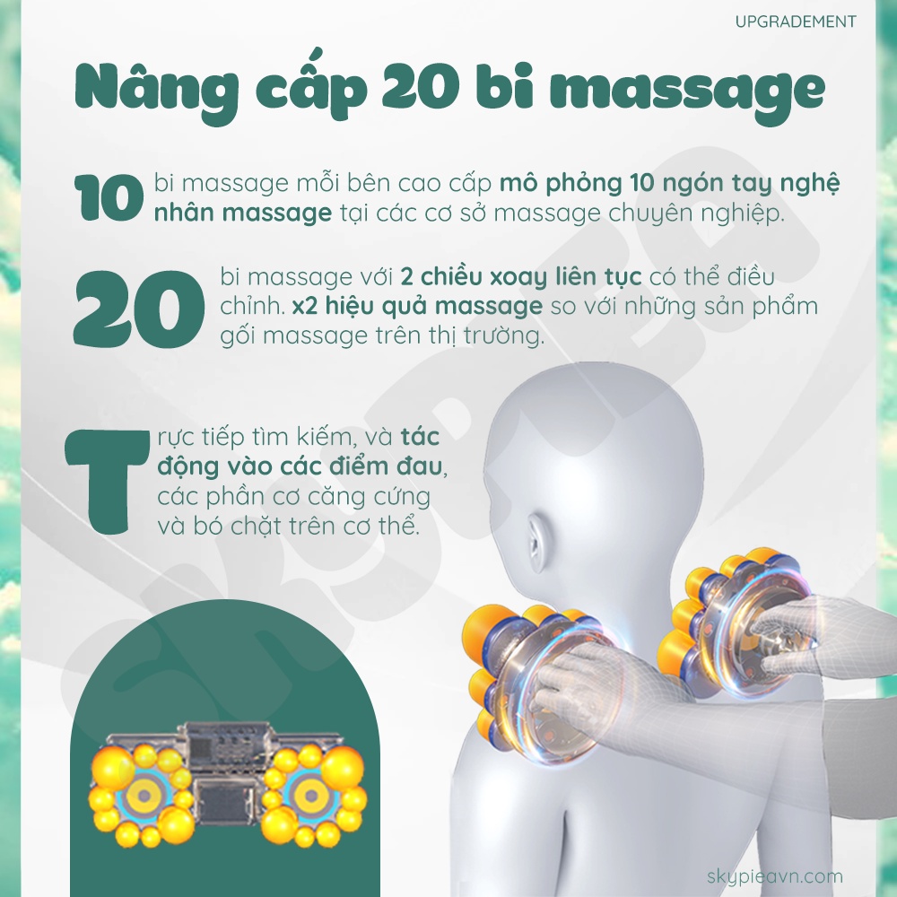Gối Massage Hồng Ngoại Tích Hợp Tính Năng Điều Khiển Cầm Tay, Chế Độ Rung, Hồng Ngoại, Có Túi Khí - Chính Hãng SKYPIEA