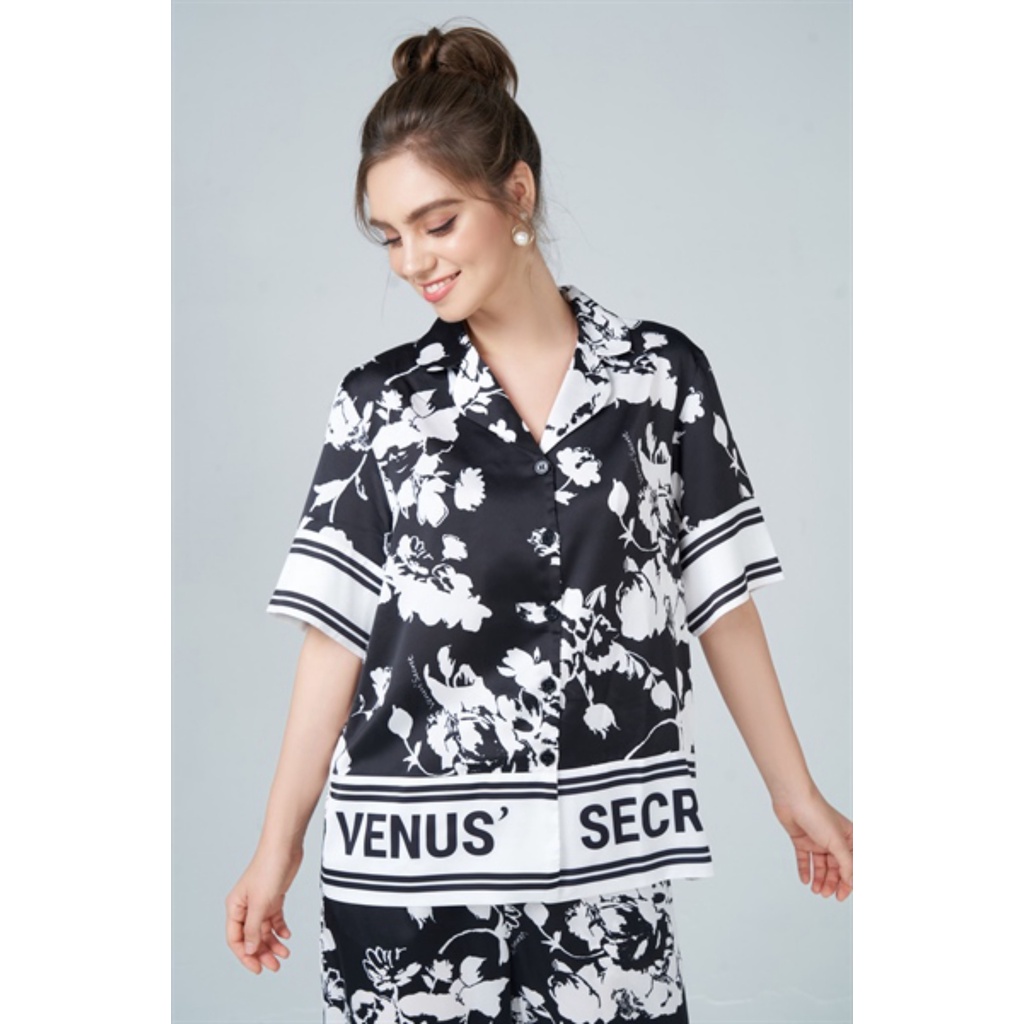 Đồ ngủ nữ Venus Secret bộ pijama quần dài hoa trắng nền đen