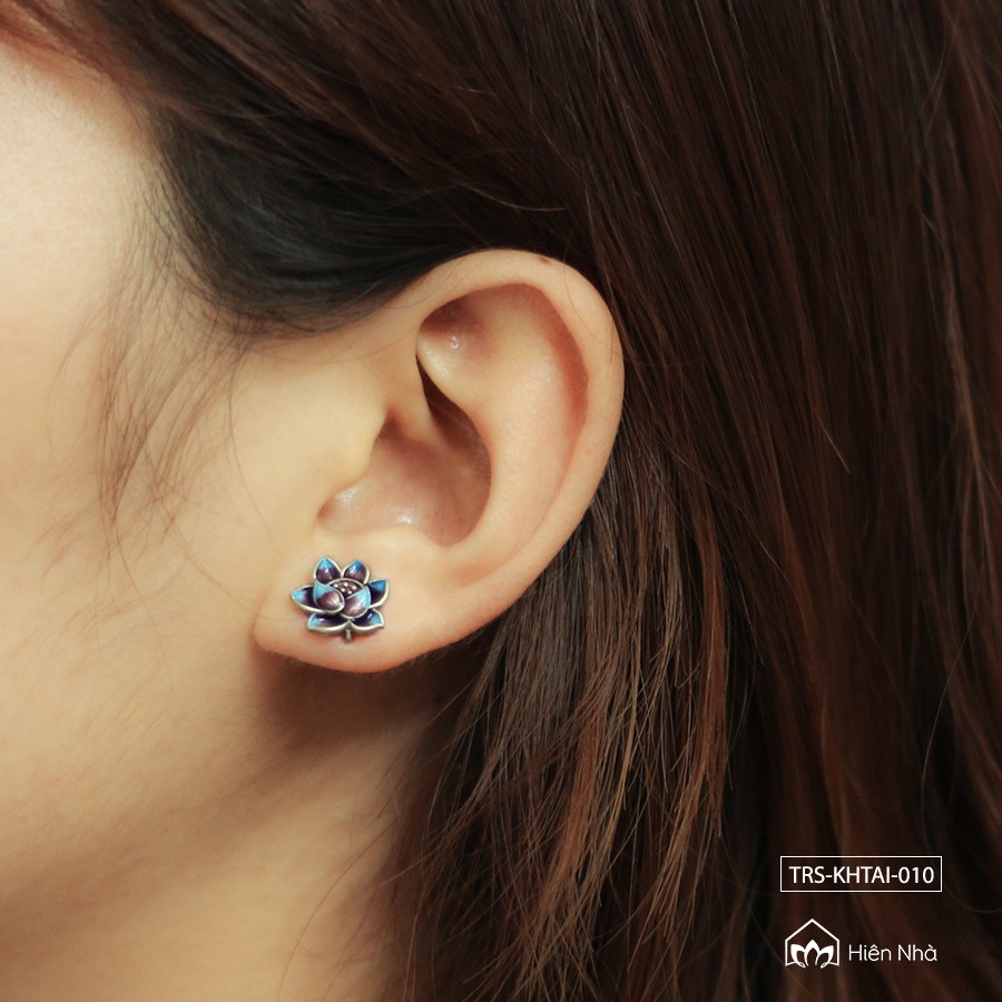 Khuyên tai bạc hoa sen xanh - Bông tai bạc S925 tinh xảo - Trang sức bình an - Trong Nhà