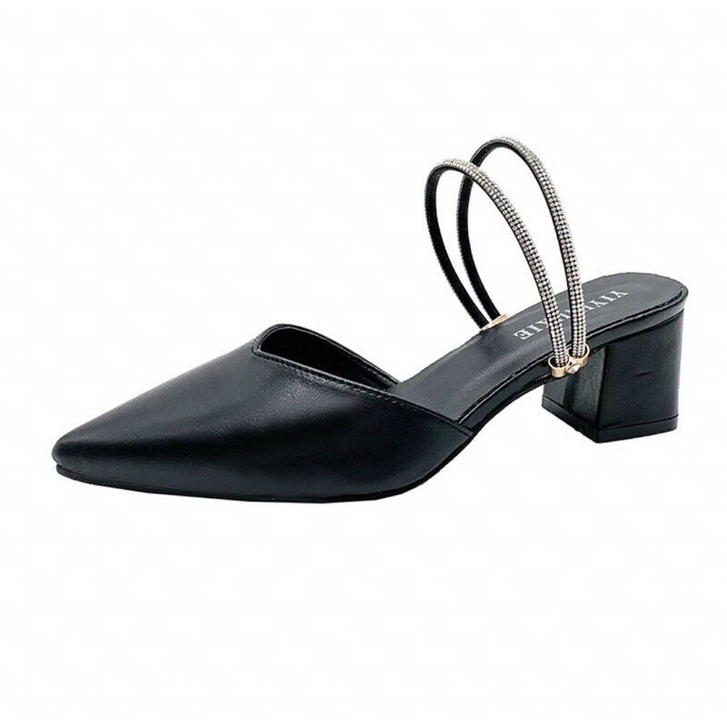 Guốc Sandal nữ dây kim tuyến mũi nhọn sang chảnh gót vuông to 5cm