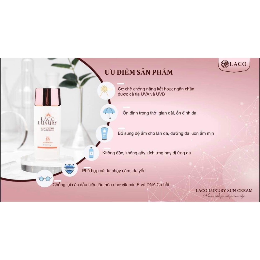 [XÃ HÀNG + QUÀ] Kem chống nắng vật lý Laco Luxury Sun Cream 50ml SPF45 không nhờn kiềm dầu phù hợp mọi loại da + quà 30k | BigBuy360 - bigbuy360.vn
