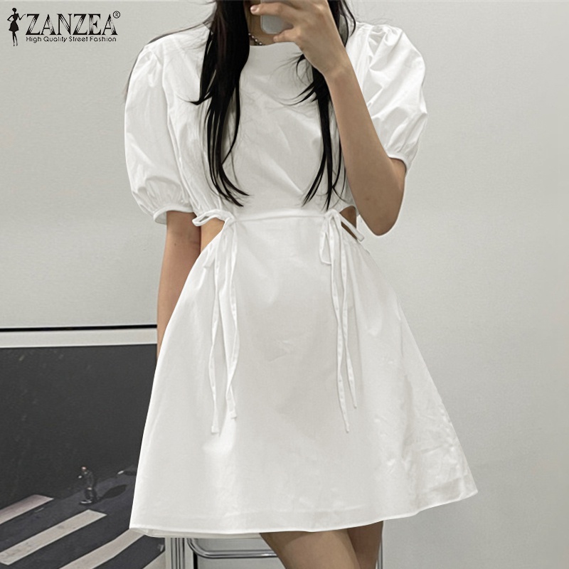 Đầm ZANZEA tay ngắn phồng cổ tròn thời trang dành cho nữ