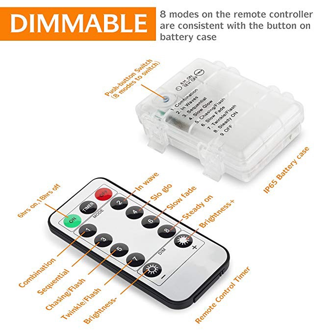 Dây Đèn Led 5M 50 Bóng Dây Đồng Điều Khiển Từ Xa 8 Chức Năng Chống Nước Trang Trí Tiệc Cưới / Giáng Sinh