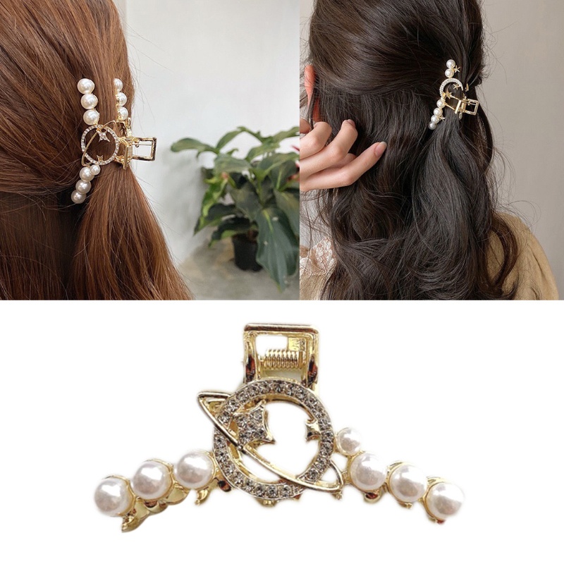 Kẹp Tóc Càng Cua Lớn Chống Trượt Đính Đá &amp; Ngọc Trai