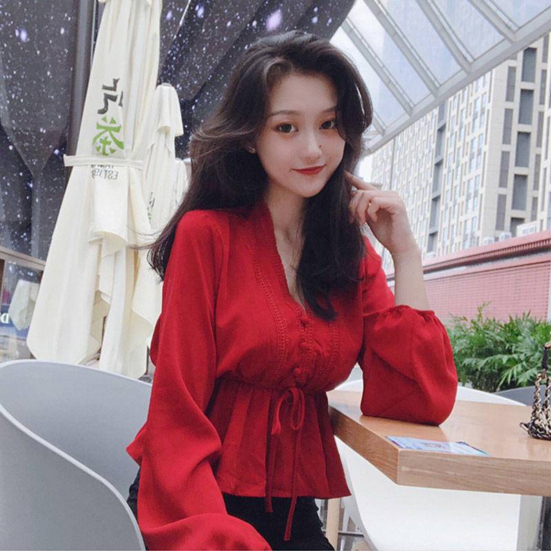 Hàng mới về Áo sơ mi voan tay dài cổ chữ V thời trang dành cho nữ