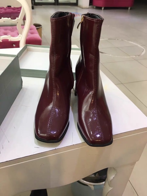 [ XẢ LỖ ] HÀNG ĐẸP QC Boots mũi vuông gót 7cm da bóng sang chảnh