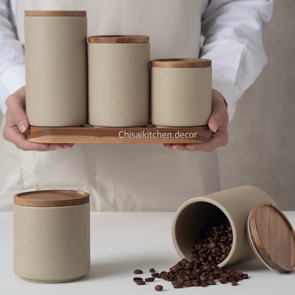 Hũ gia vị gốm thô màu be có nắp, Hũ đựng gia vị đồ khô phong cách Nhật